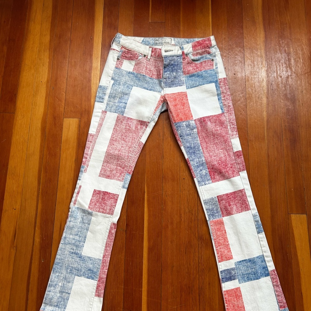 Free People Red and Blue Patchwork Bootcut Jeans